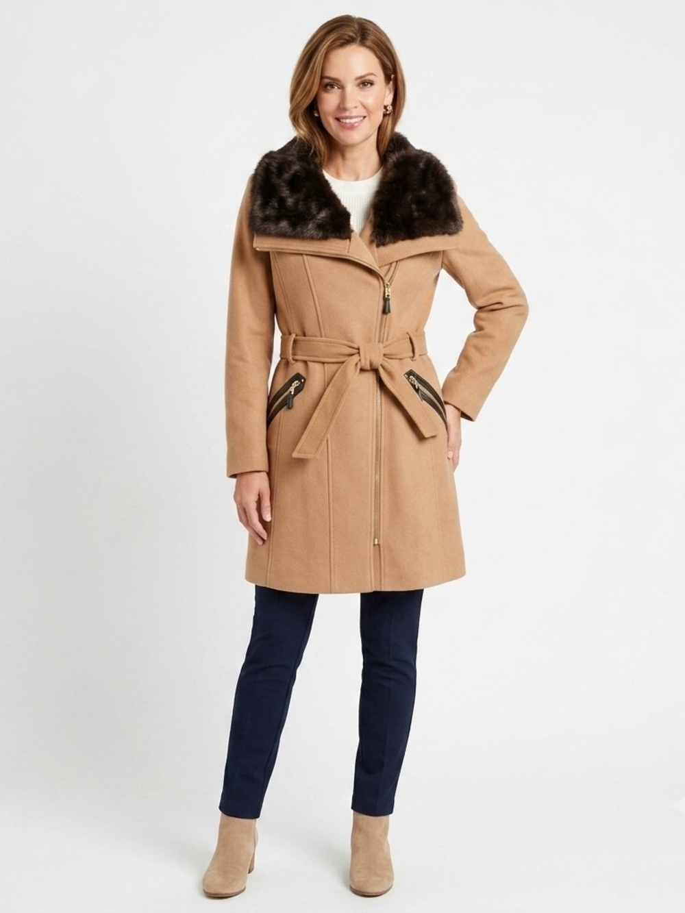Via Spiga Camel Wool Blend Coat Faux Fur Collar Belted Sz 14